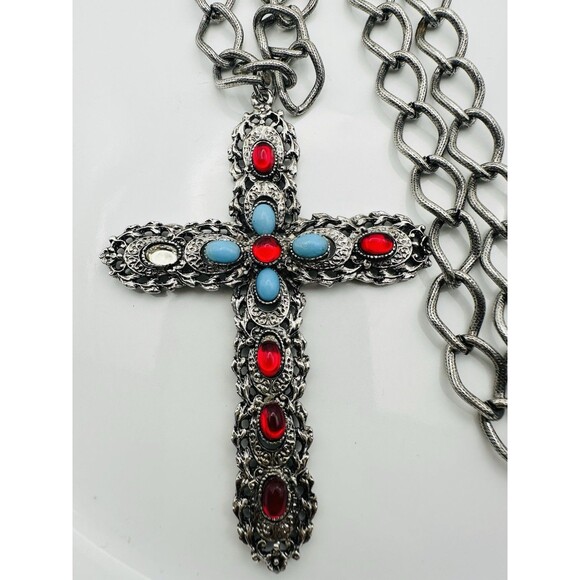 Vintage Signed Celebrity Cabochon Rhinestone Cross Pendant Necklace 28” READ - Picture 2 of 6